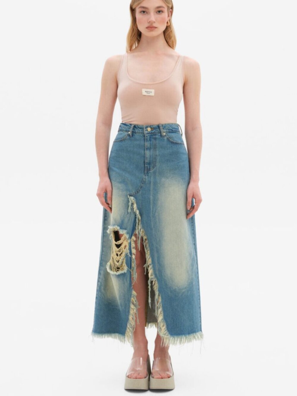 Match Denim Ukrainian Brand Distressed Ripped Denim Midi Skirt M but Runs Like S